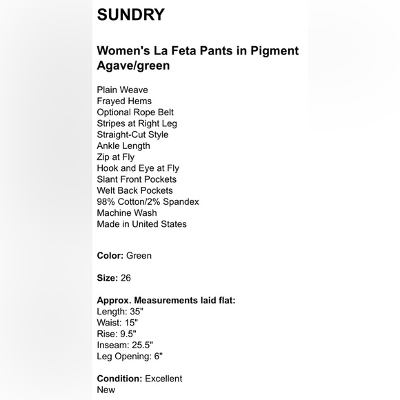 Sundry LA FETA painted stripe pants. Agave/green. Size 27 - Picture 5 of 5